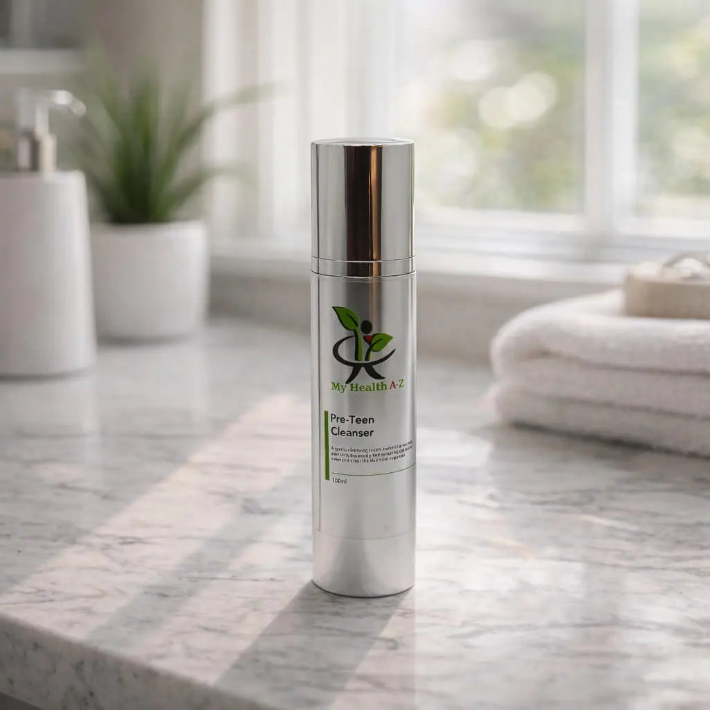My Health A-Z Pre-Teen Facial Cleanser 100ml on marble countertop – kids skincare routine Australia