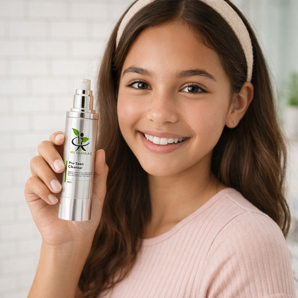 Young girl holding a skincare product with a neutral background