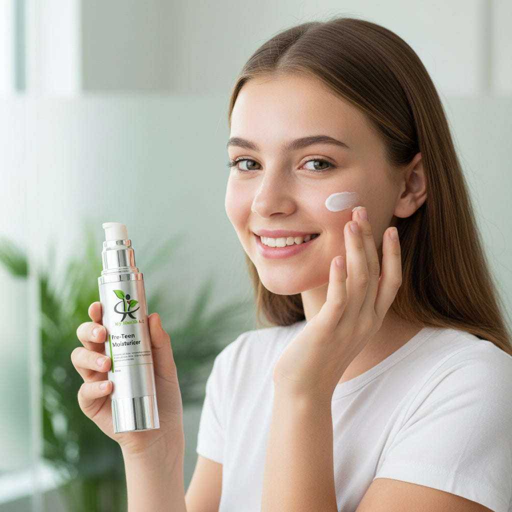 teenage girl applying My Health A-Z Pre-Teen Moisturizer ion a blurry background