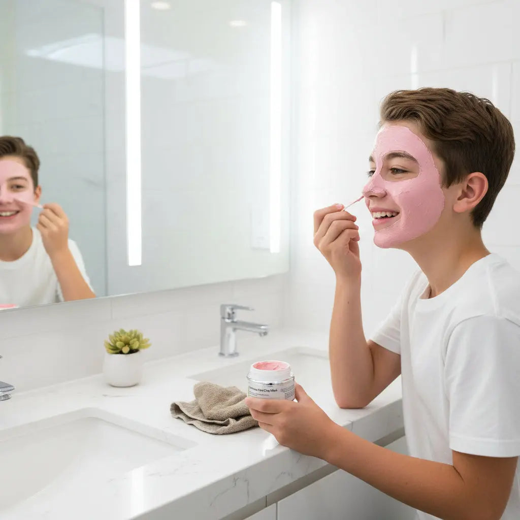 Teenage boy applying My Health A-Z Pre-Teen Pink Clay Mask – gentle clay mask for teen acne-prone skin