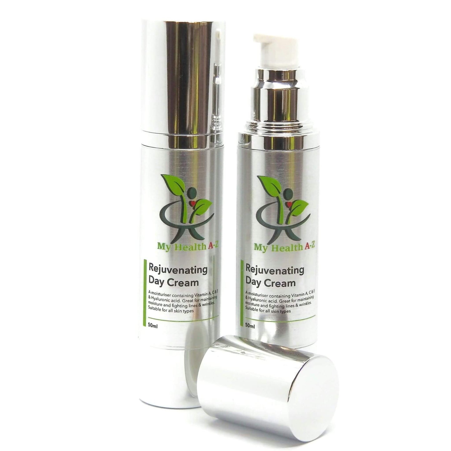 two bottles of rejuvenating day cream on the left with lid on the right without the lid in front of the bottle
