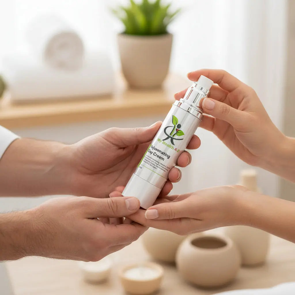 Man gifting My Health A-Z Rejuvenating Day Cream Vegan to partner – anti-ageing vegan face cream gift idea