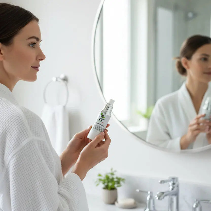 Woman holding My Health A-Z Retinol+ Serum in mirror – vitamin A serum for skin renewal and anti-ageing