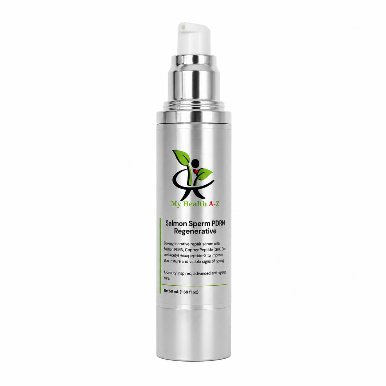 My Health A-Z Salmon Sperm PDRN Regenerative serum — 50ml silver airless pump bottle with Copper Peptide GHK-Cu and Acetyl Hexapeptide-3, K-beauty inspired anti-ageing skincare