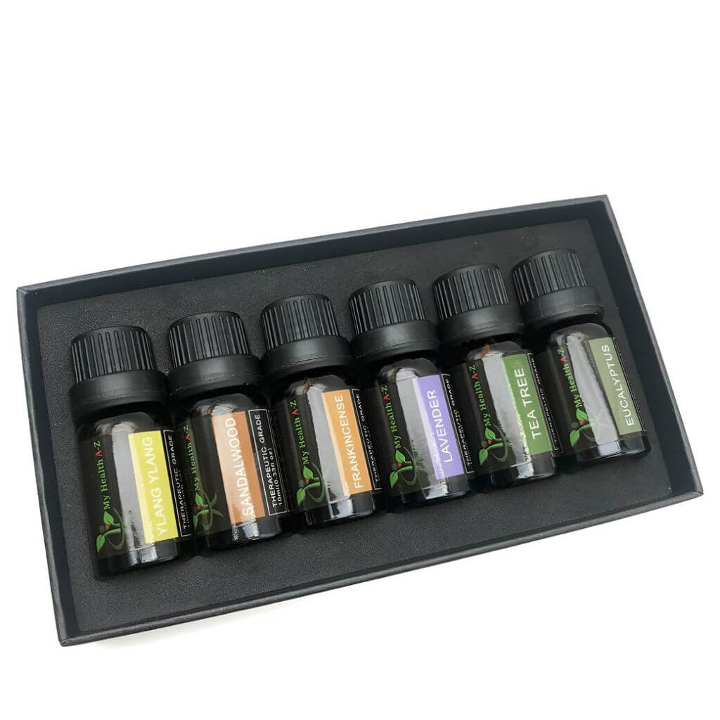 6 essential oils next to each other in a box