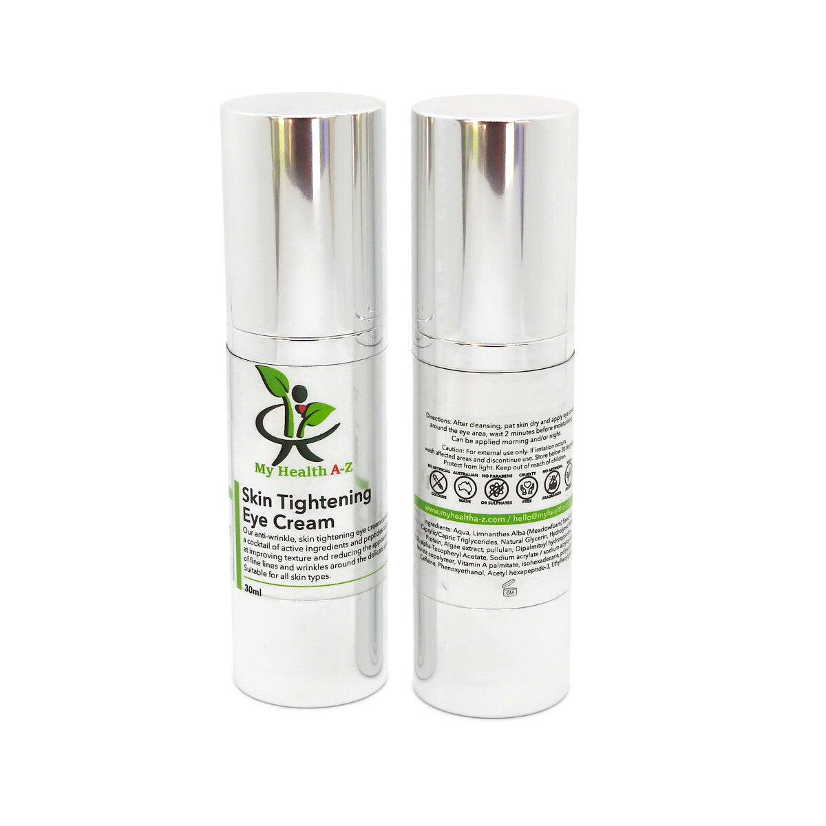Two bottles of My Health A-Z Skin Tightening Eye Cream on a white background front and rear view