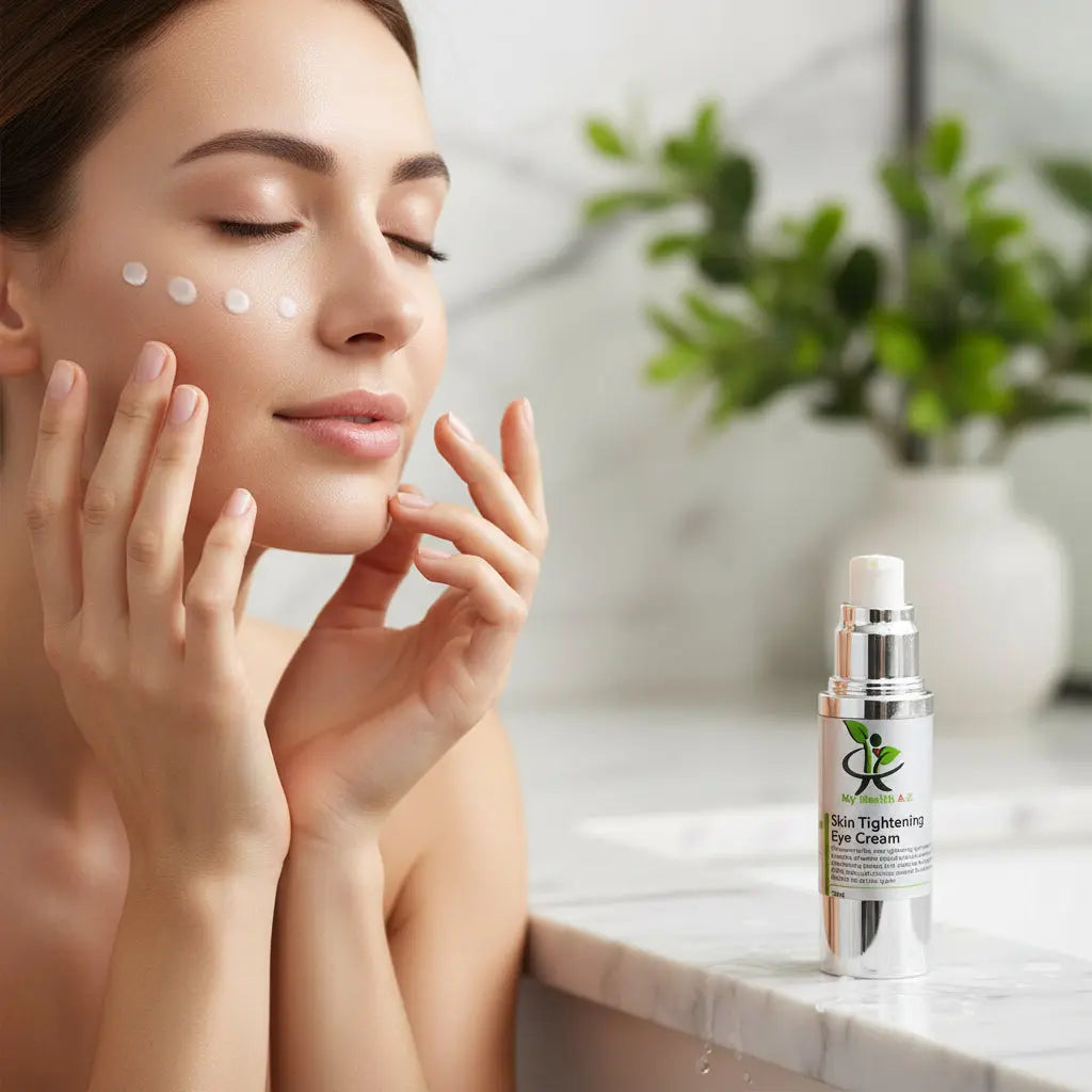 woman applying My Health A-Z Skin Tightening Eye Cream in a bathroom