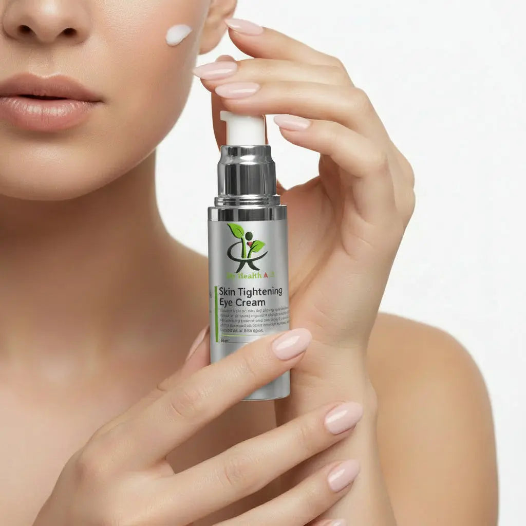 woman holding My Health A-Z Skin Tightening Eye Cream on a white background