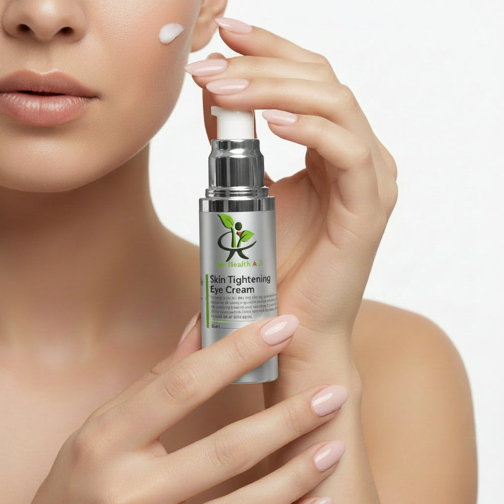 woman holding My Health A-Z Skin Tightening Eye Cream on a white background