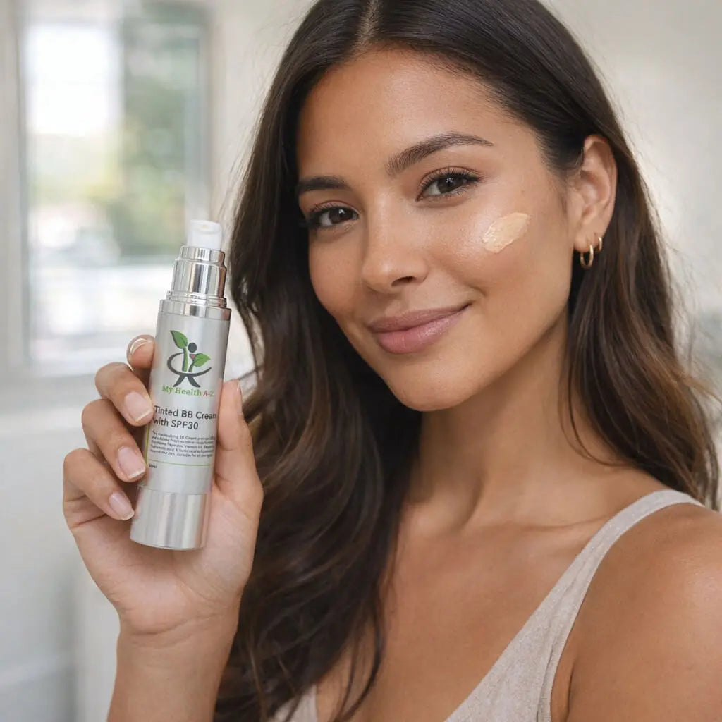 Woman holding a My Health A-Z Tinted BB Crea with a blurred background with SPF30