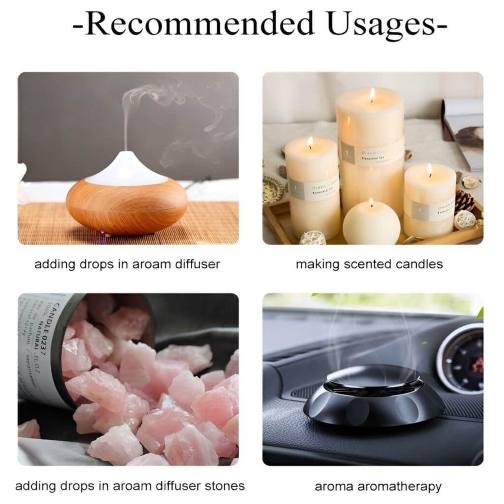 Collage of recommended usages for a product including an aroma diffuser, candles, and stones.