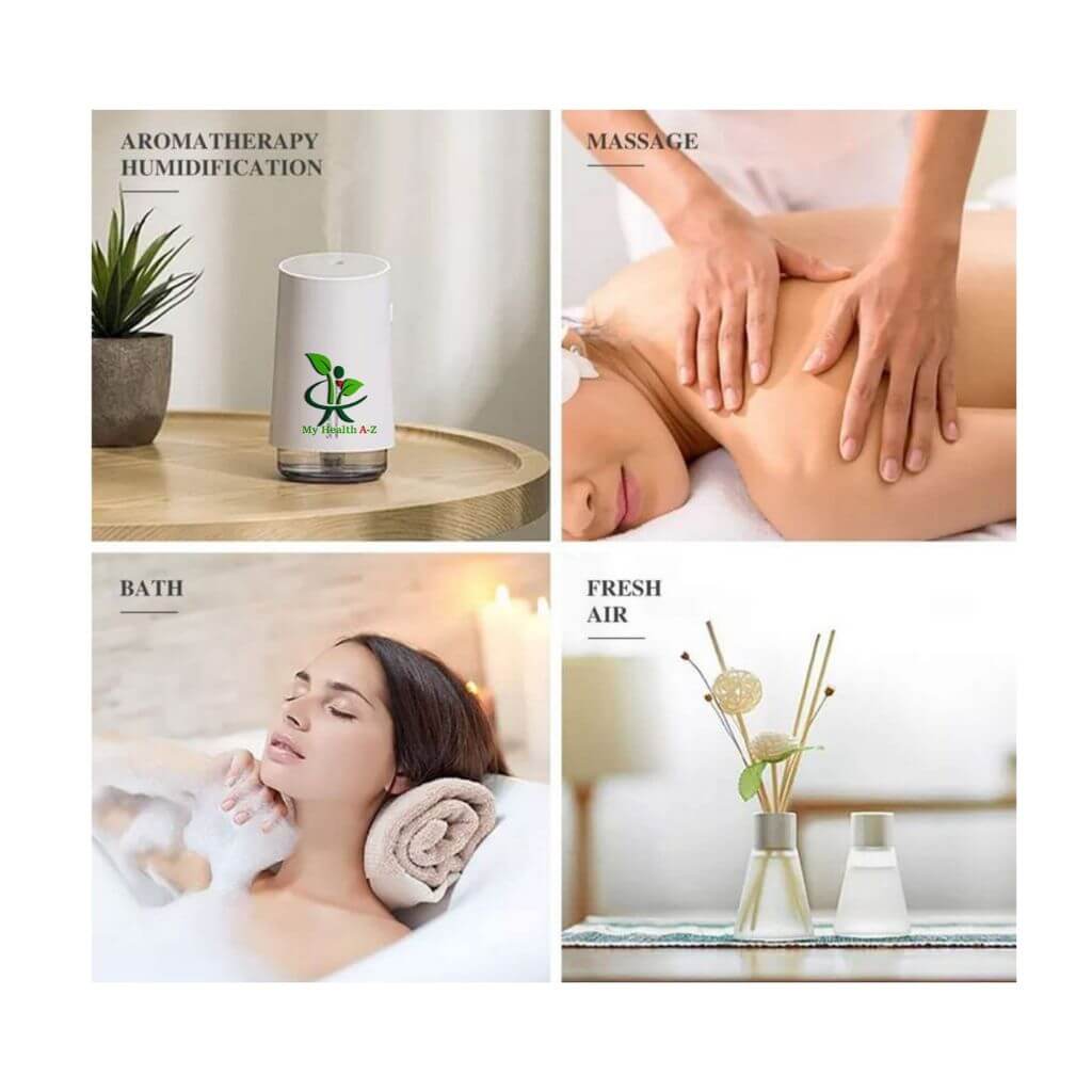 Collage of four images showing aromatherapy, massage, bath, and fresh air benefits.