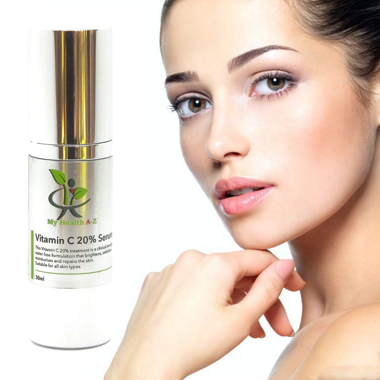 Vitamin C 20% Serum airless pump bottle and women holding her chin with her hand