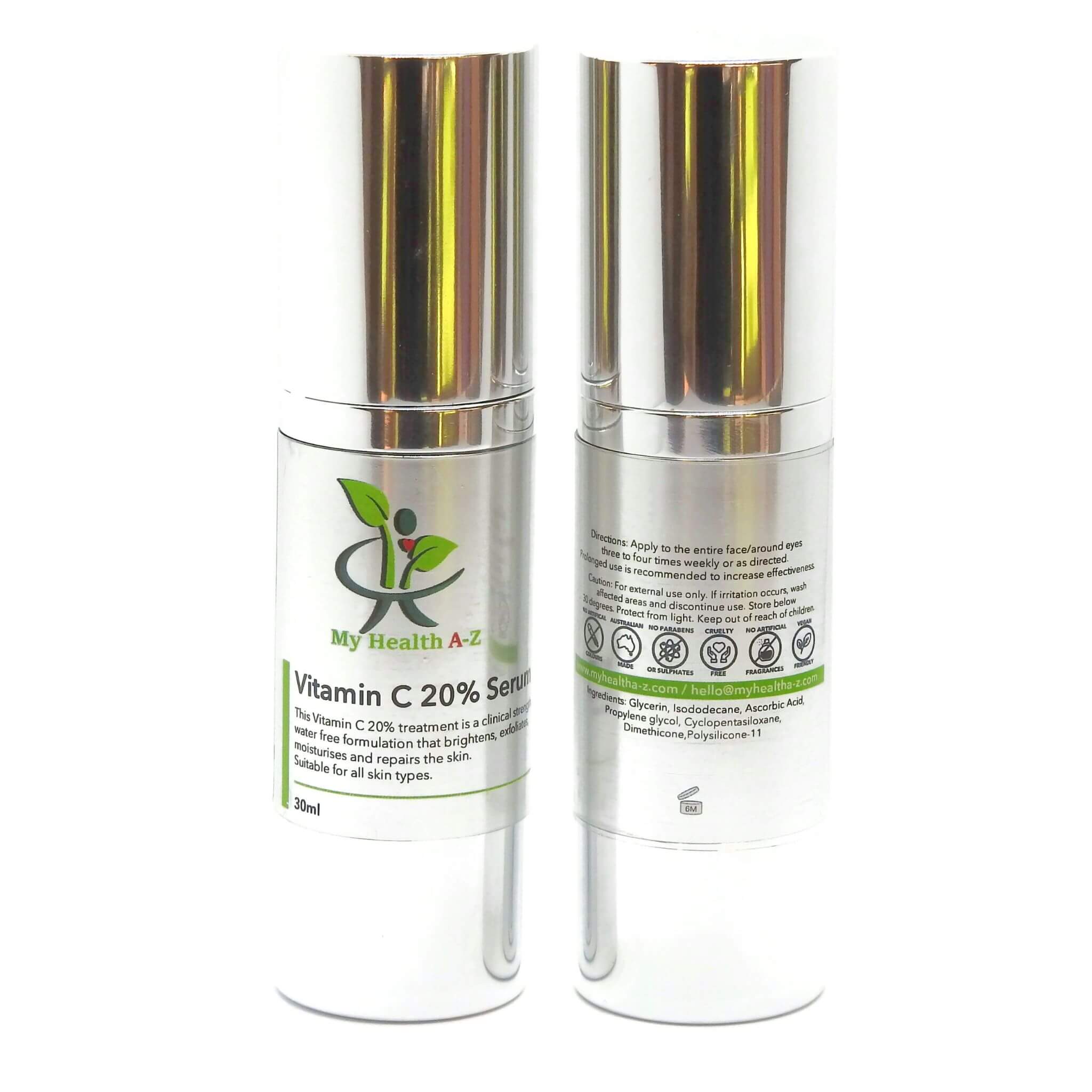 Two bottles of My Health A-Z Vitamin C 20% Serum on a white background