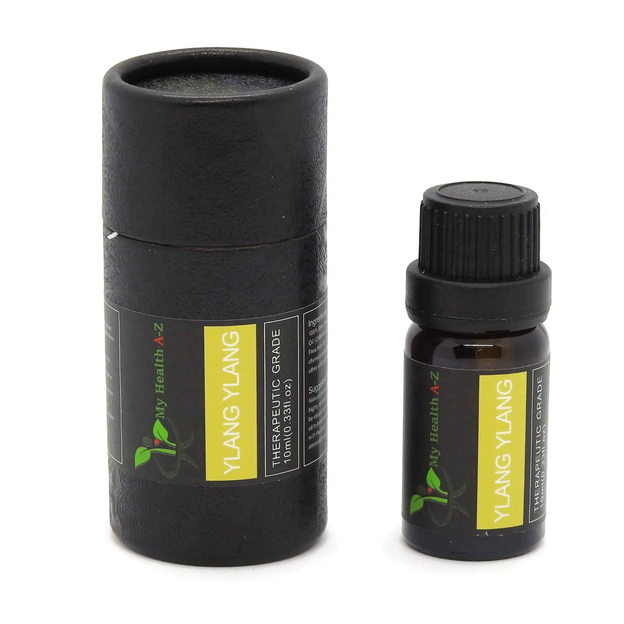 Black cylindrical container and bottle labelled &