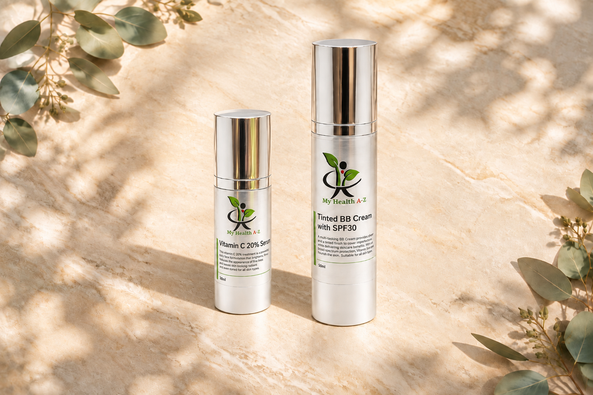 Vitamin C Serum 30 ml and Tinted BB Cream SPF30 50 ml arranged on pale sandstone with eucalyptus leaves⠋