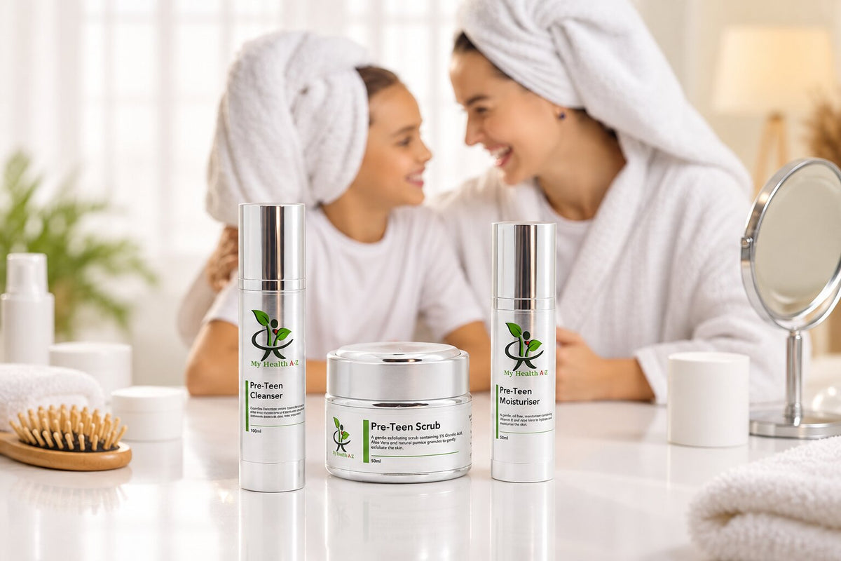 Mother and daughter in a bathroom with botanical pre-teen skincare