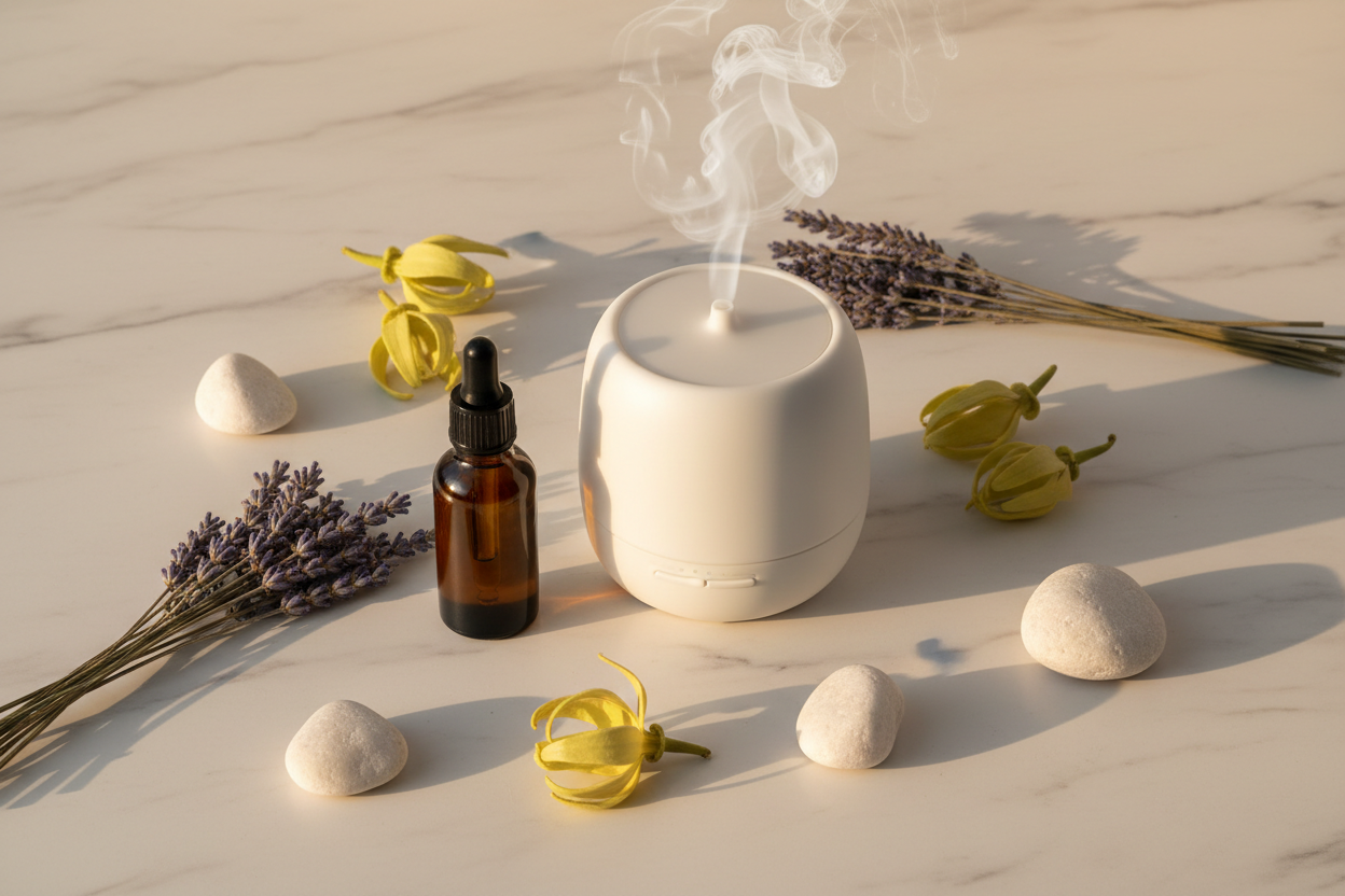 Flat lay of essential oil bottle beside a white ceramic diffuser with lavender and ylang-ylang flowers on white marble — Essential Oils for Sleep and Relaxation | My Health A-Z
