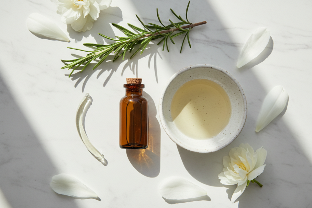 Flat lay of essential oil bottle with carrier oil, rosemary sprig and white petals on white marble — How to Dilute Essential Oils Safely | My Health A-Z