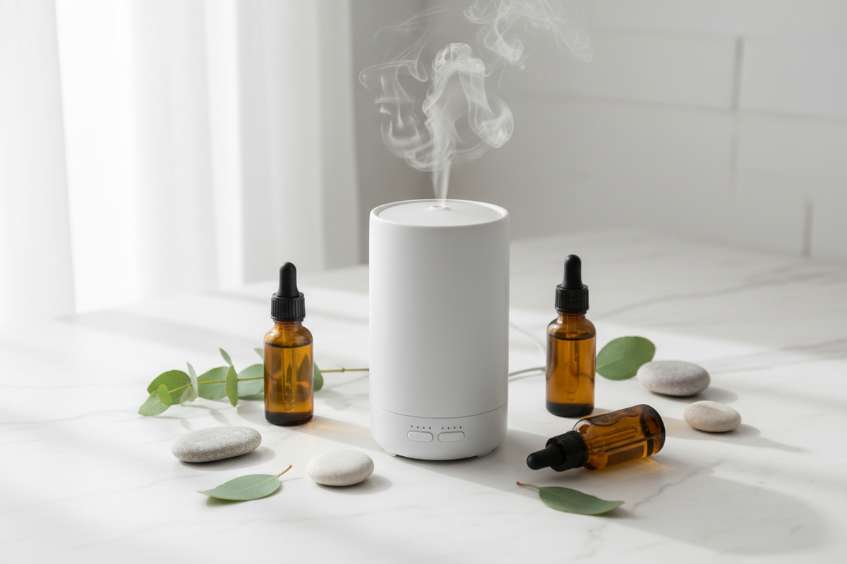 Flat lay of a white ultrasonic diffuser with mist rising, surrounded by essential oil bottles and eucalyptus leaves on white marble — How to Use an Essential Oil Diffuser | My Health A-Z