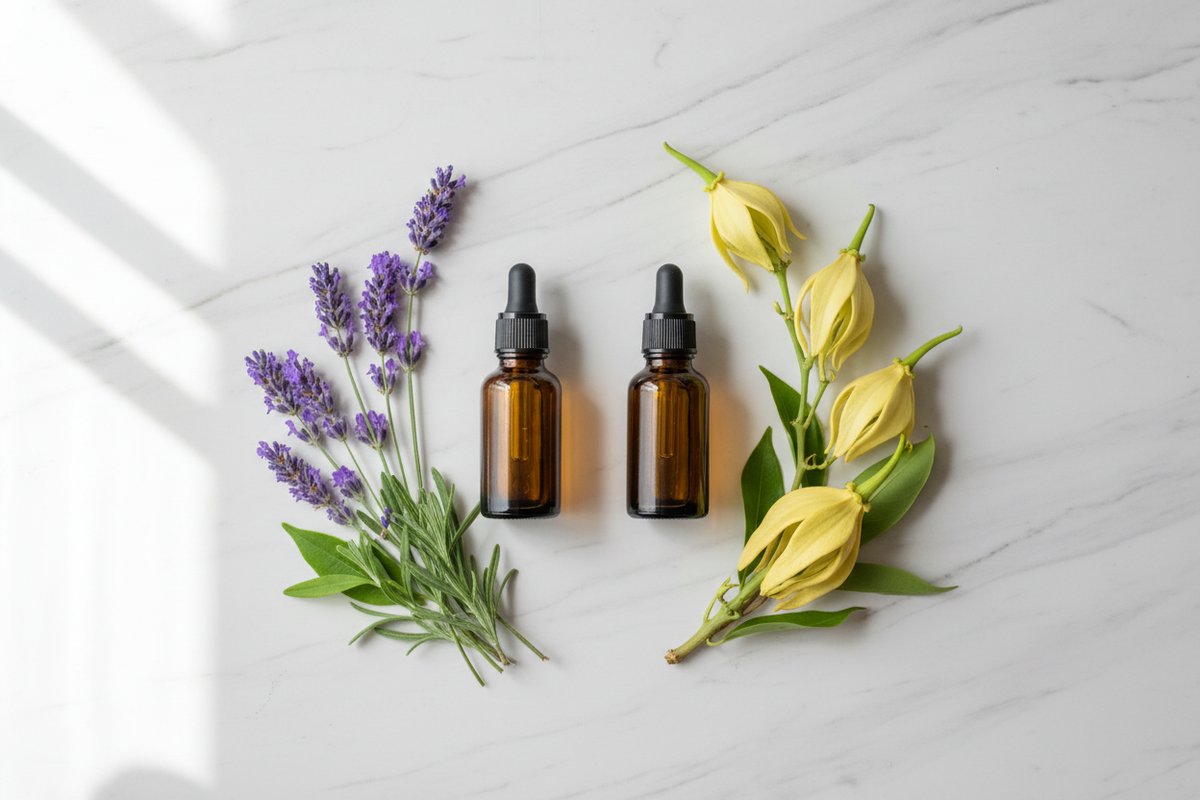 Flat lay of two essential oil bottles side by side — one with lavender sprigs, one with ylang-ylang flowers on white marble — Lavender vs Ylang-Ylang Essential Oil | My Health A-Z