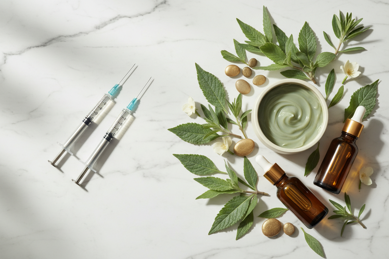 Comparison of peptide injections and botanical peptide skincare cream — needles versus natural topical peptides for anti-ageing