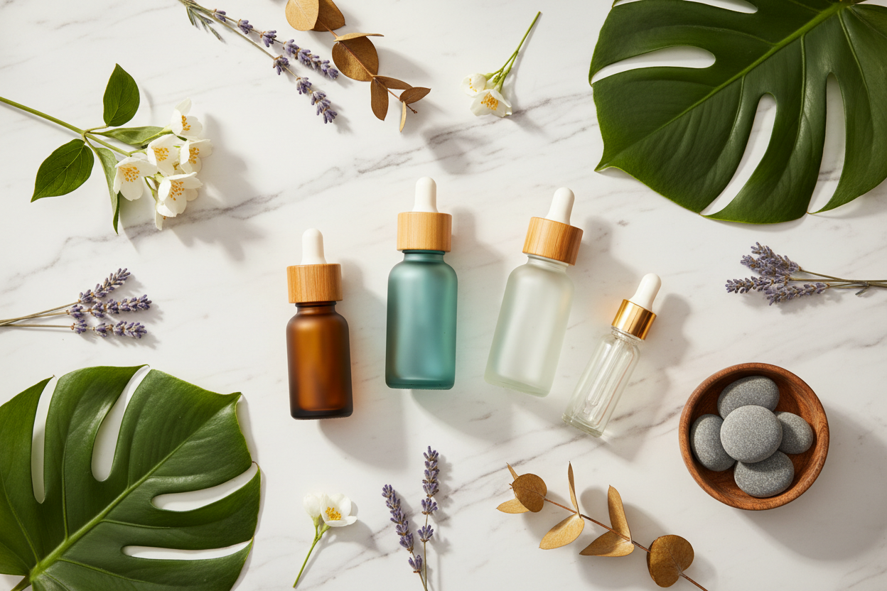 Flat lay of essential oil bottle with lavender sprigs and botanical leaves on white marble — My Health A-Z Essential Oils