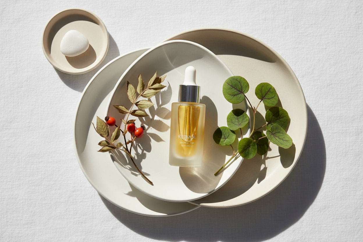 Retinol serum dropper bottle with botanical sprigs on a clean white surface — premium skincare editorial