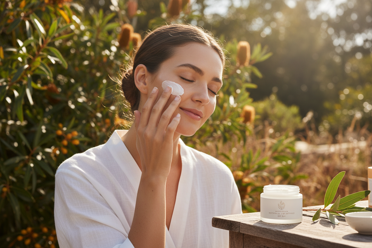 woman applying suncream in front of a bottle brush bush