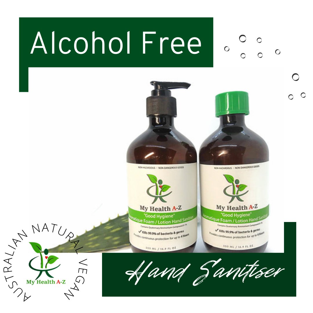 two bottles of Alcohol free Hand Sanitiser on the leaft a Aloe Vera leaf