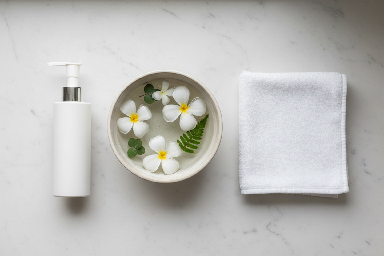 Gentle botanical cleanser bottle with white petals and green leaves on white marble — Cleanser Collection | My Health A-Z