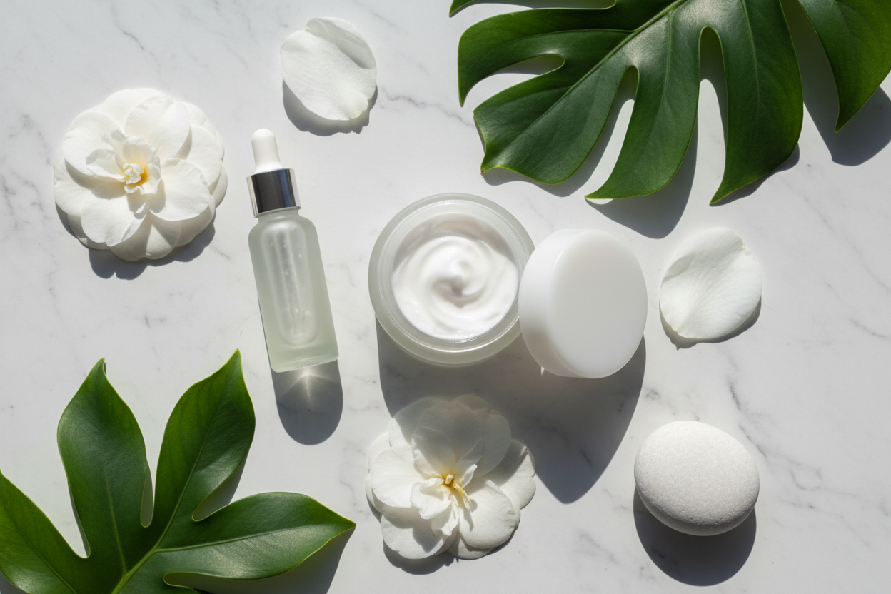 Premium moisturiser jar with dropper bottle, white petals and botanical leaves on white marble — Moisturisers Collection | My Health A-Z