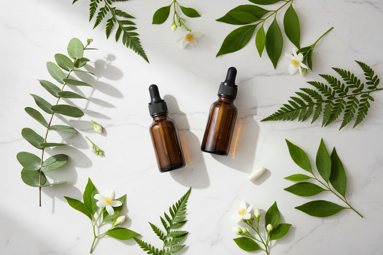 Dark glass serum bottles with droppers, botanical leaves and white flowers on white marble — Serums & Treatments Collection | My Health A-Z