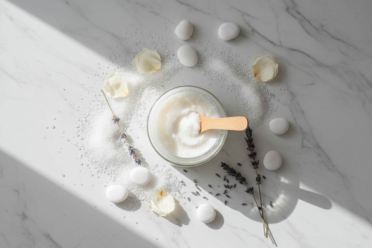 Glass jar of botanical exfoliating scrub with wooden spatula and dried botanicals on white marble — Exfoliators &amp; Scrubs Collection | My Health A-Z