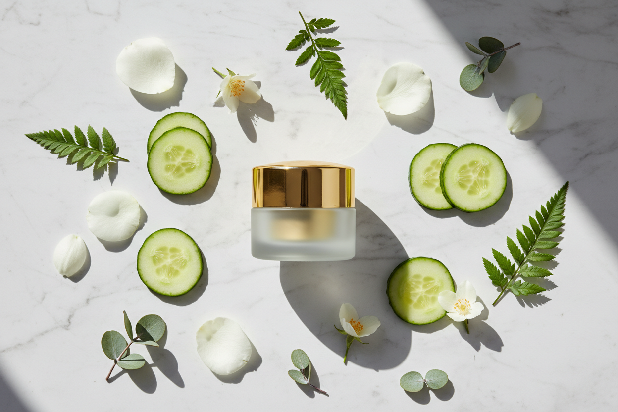 Elegant eye cream jar with cucumber slices, white petals and green leaves on white marble — Eye Care Collection | My Health A-Z