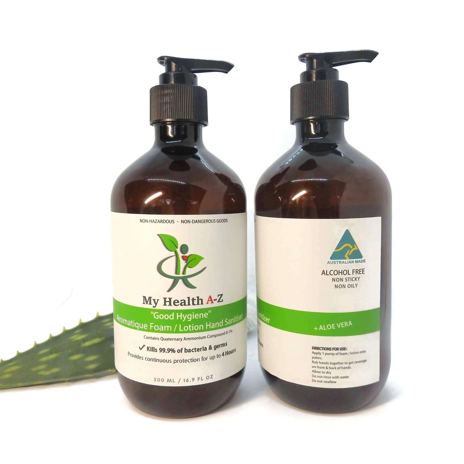 two dispensers bottle My Health A-Z alcohol free hand sanitiser with aloe vera leaf behind the bottle right bottle front view left side view
