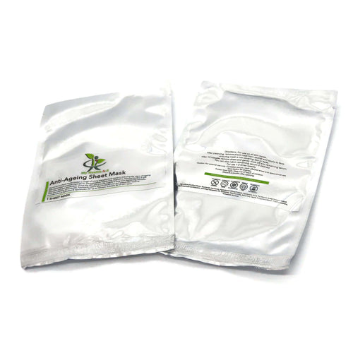 two satchels of anti-ageing sheet mask front view and one rear view