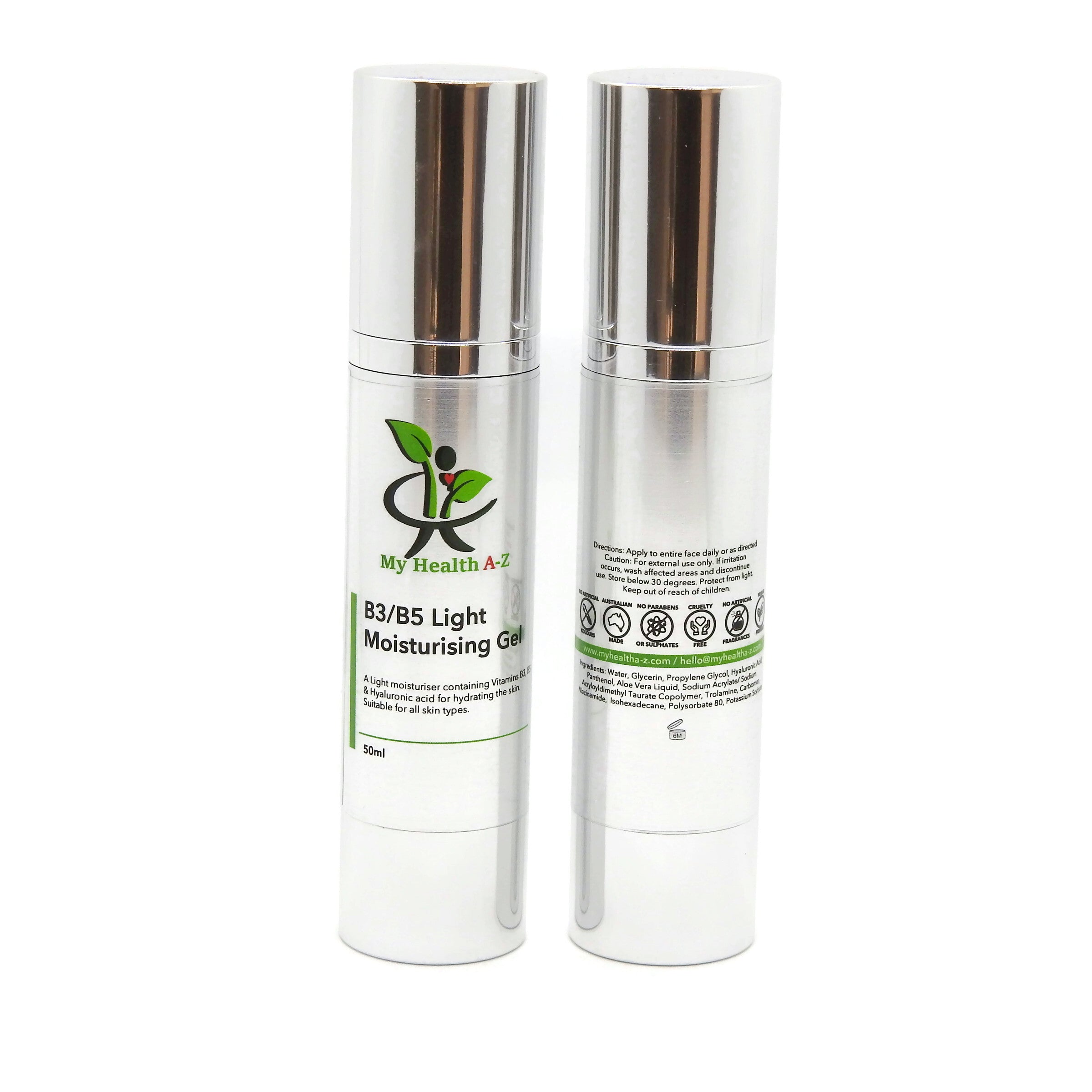 Two bottles of My Health A-Z B3/B5 Light Moisturising Gel on a white background