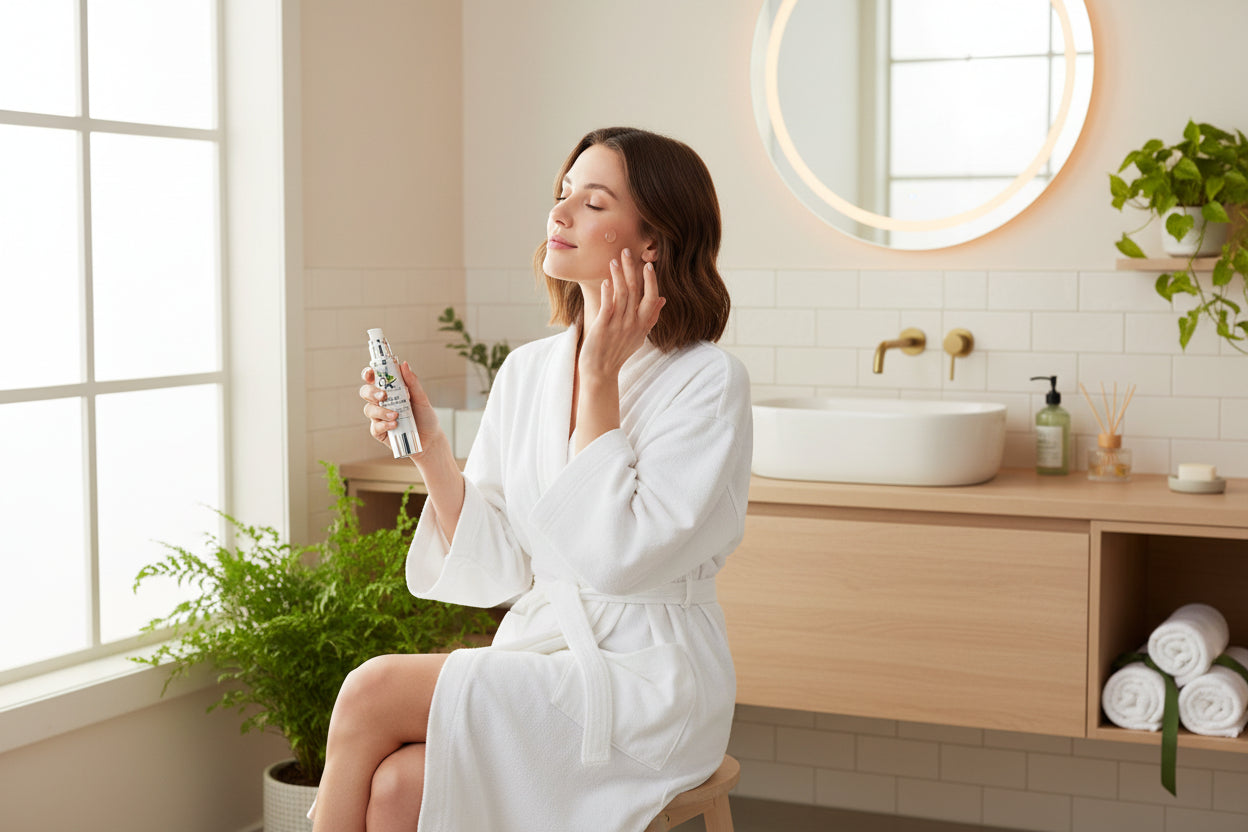 woman applying My Health A-Z  B3 B5 moisturising gel to her face in  bathroom