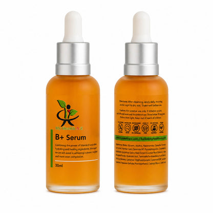 Two amber glass dropper bottles of NATUREKIND B+ Serum shown on a white background, one displaying the front label and the other the back label.