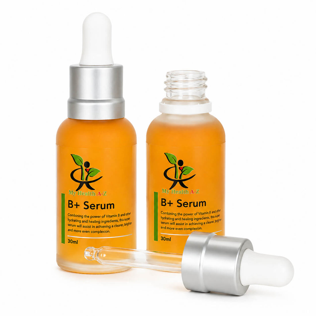 Two amber glass bottles of Miri Miri B+ Serum with silver dropper caps, one bottle open and one closed, with a glass pipette in front, on a white background.