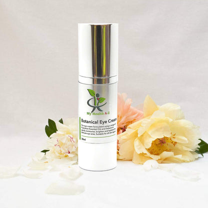Skincare bottle labelled 'My Health A-Z' botanical eye cream with flowers on a light background