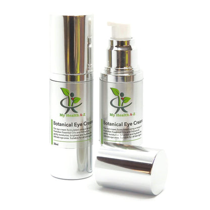 Two bottles of 'My Health A-Z Botanical Eye Cream' on a white background