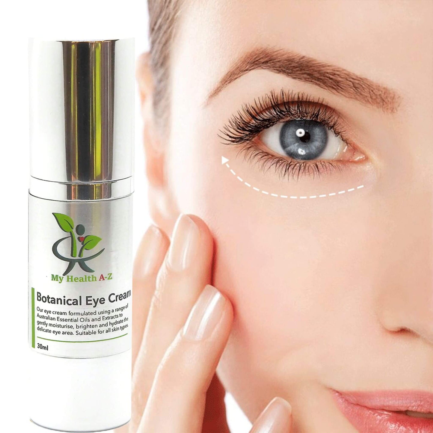 'My Health A-Z' Botanical Eye Cream bottle with close-up of eye area on a white background
