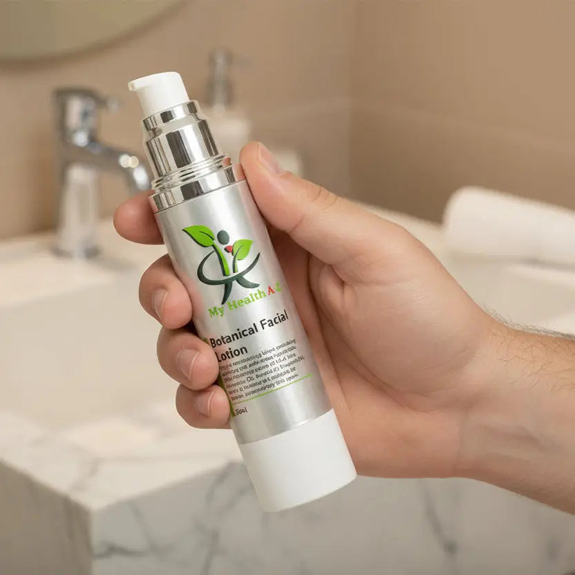 Man holding My Health A-Z Botanical Facial Lotion 50ml at bathroom basin – lightweight face lotion for men
