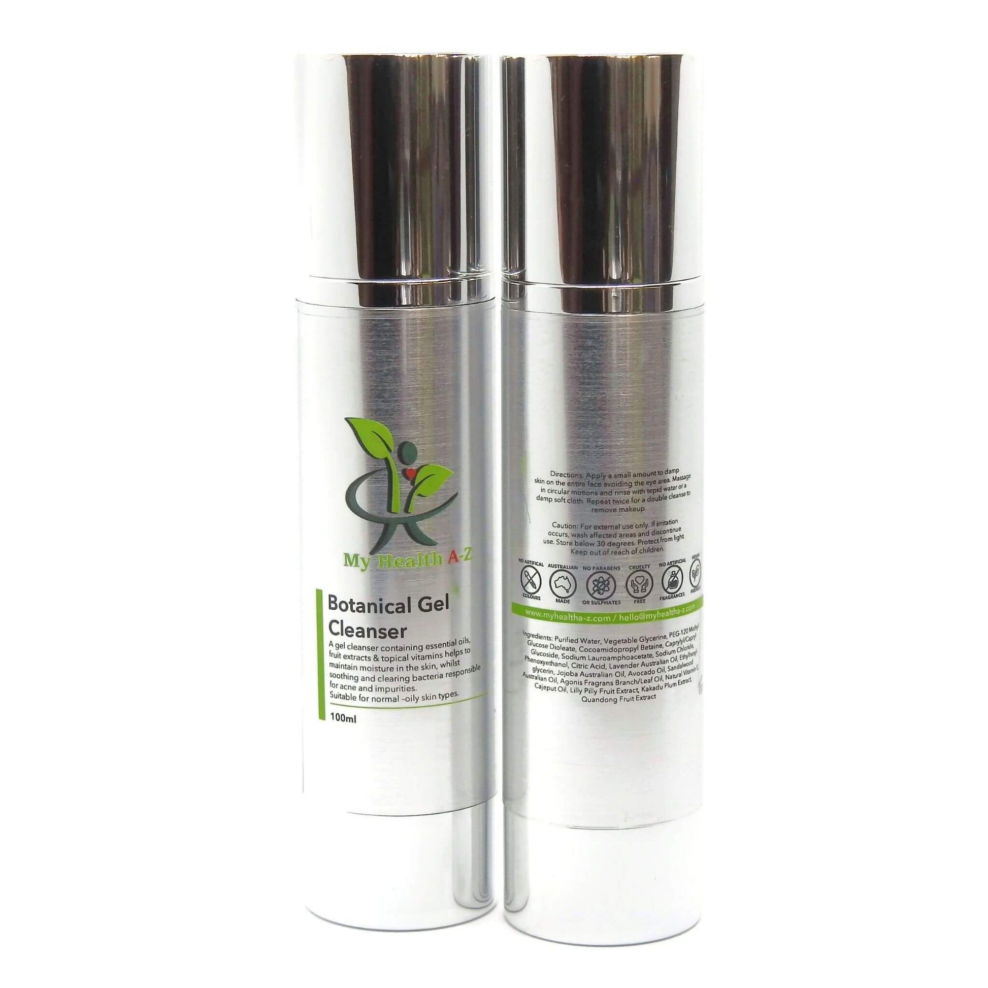 Two skincare bottles with labels 'My Health A-Z'  botanical gel cleanser on a white background