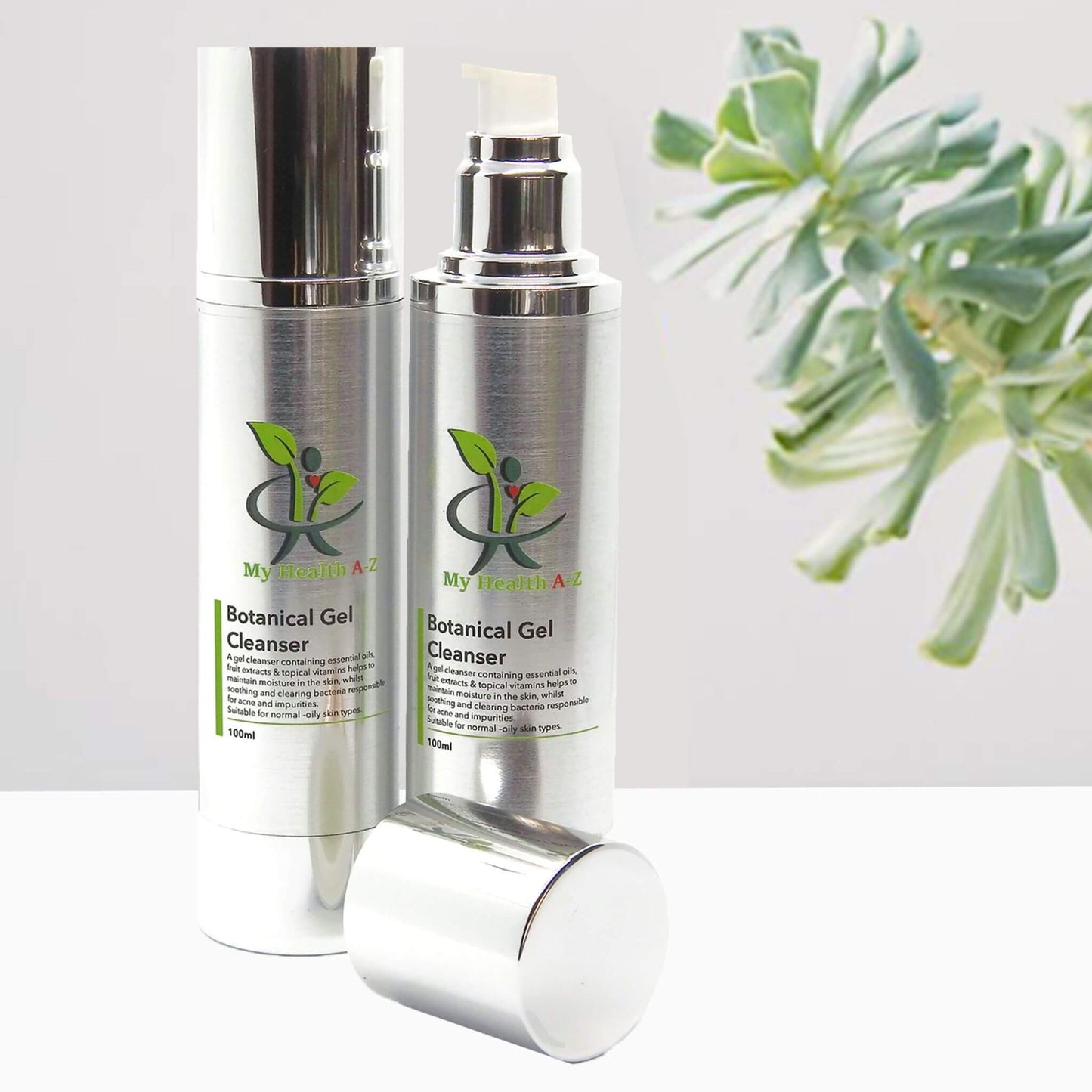 Two bottles of My Botanicals Botanical Gel Cleanser with a plant in the background.