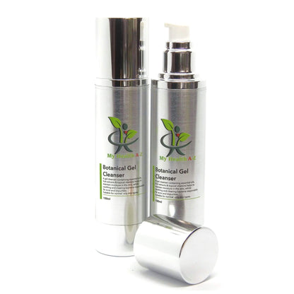 Two bottles of 'My Health A-Z' Botanical Gel Cleanser on a white background