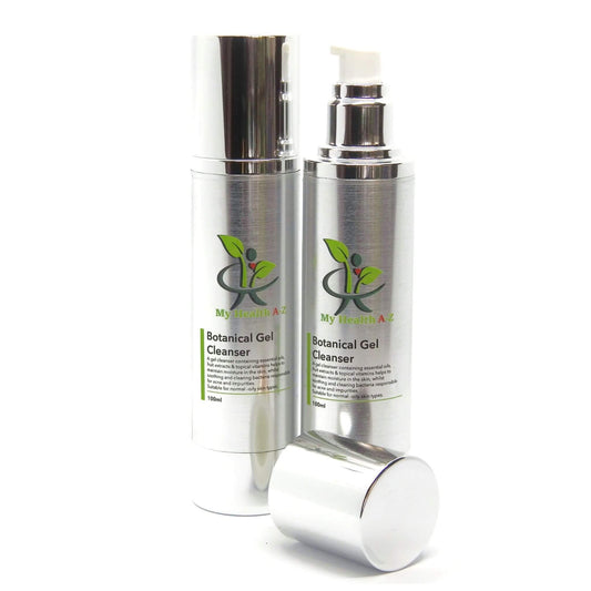 Two bottles of 'My Health A-Z' Botanical Gel Cleanser on a white background
