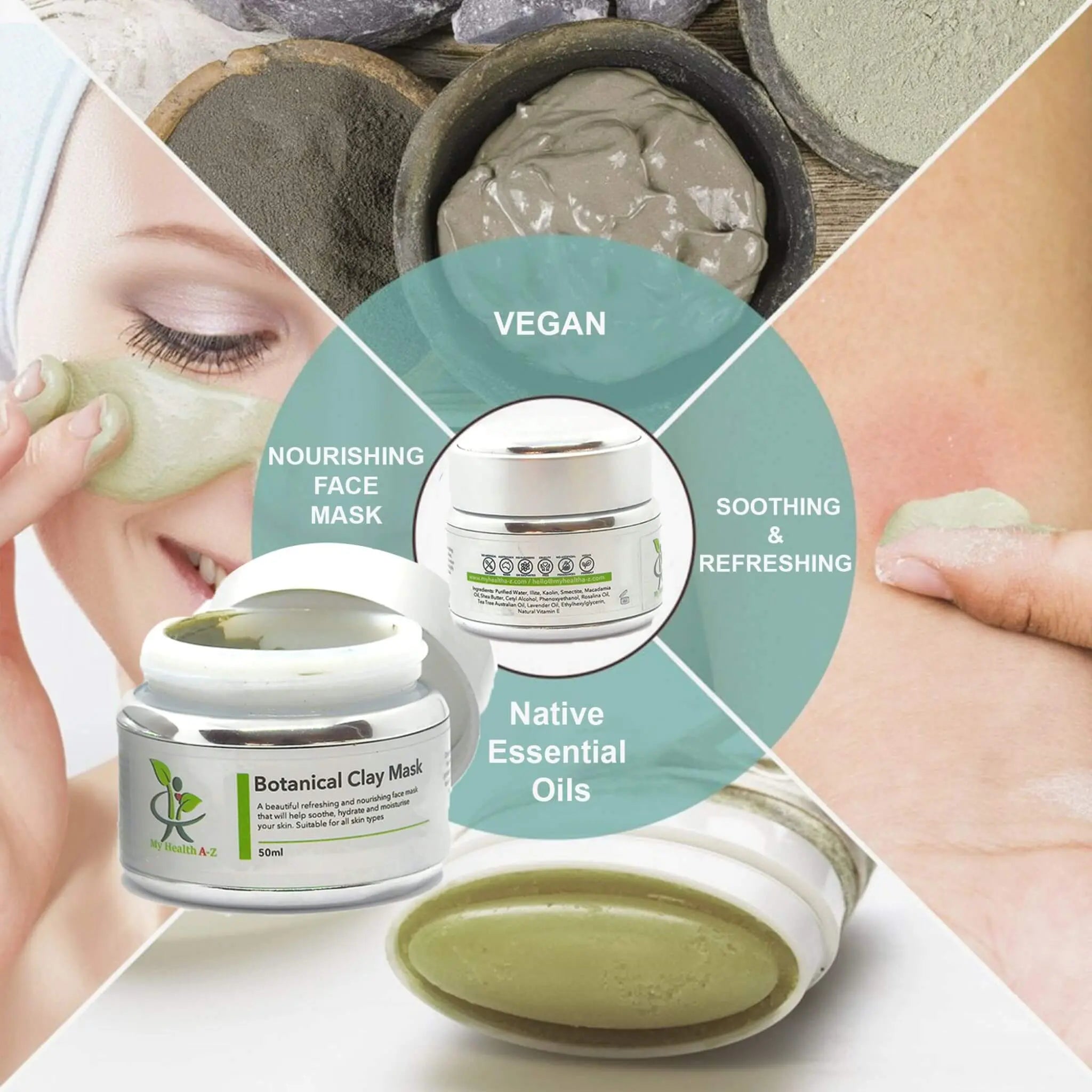 My Health A-Z Botanical Clay Mask usage guide – skin types and application chart